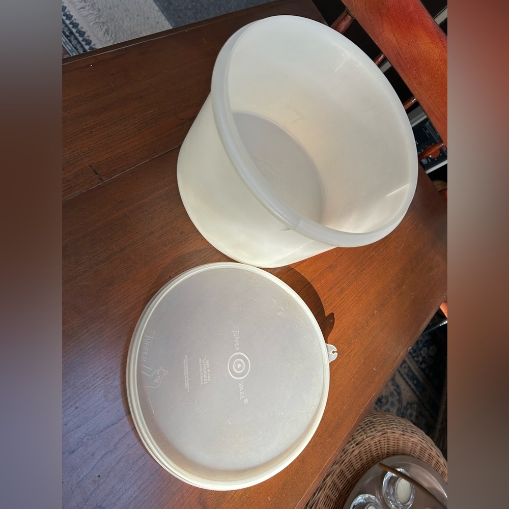 VTG Tupperware Cream/Sheer Round 20 cup Container #267 with Lid #230. Stackable.
